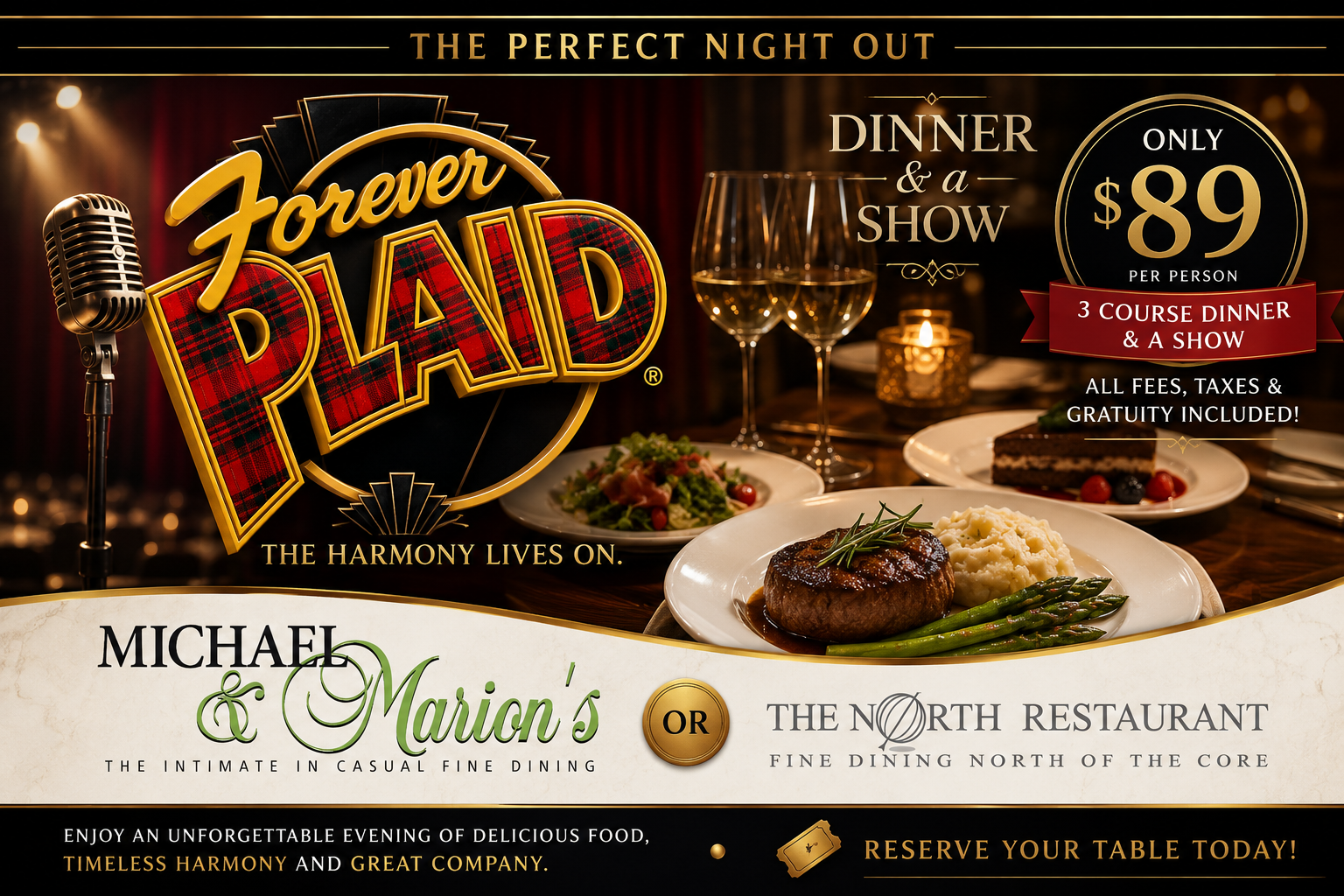 Forever Plaid Dinner & Show Package — $89 all-in for three-course dinner plus ticket